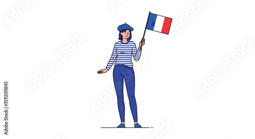 Person wearing blue beret and striped shirt holding french flag with pride and joy
