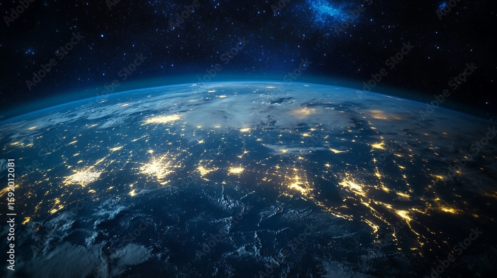 Fototapeta premium Earth at Night From Space Showing City Lights and Starry Sky