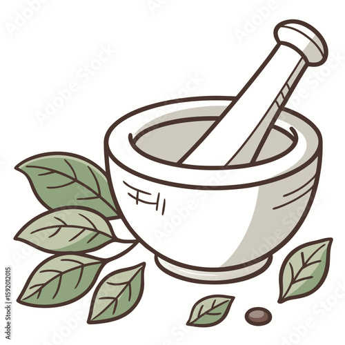 Mortar and Pestle with Fresh Green Herbs and a Single Brown Seed