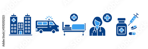 Hospital Icon Set Multiple Style Collection, Containing design Hospital, Ambulance, Hospital Bed, Doctor, Medicine