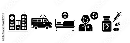 Hospital Icon Set Multiple Style Collection, Containing design Hospital, Ambulance, Hospital Bed, Doctor, Medicine