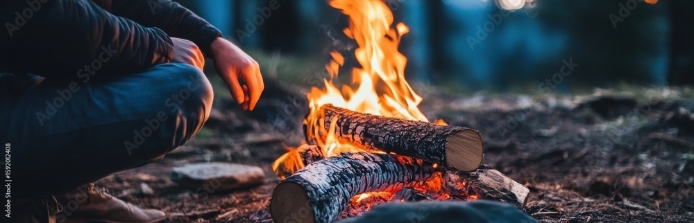 Fototapeta premium A serene campfire scene featuring glowing flames and stacked logs in a natural environment. Ideal for conveying warmth, relaxation, and outdoor adventures.