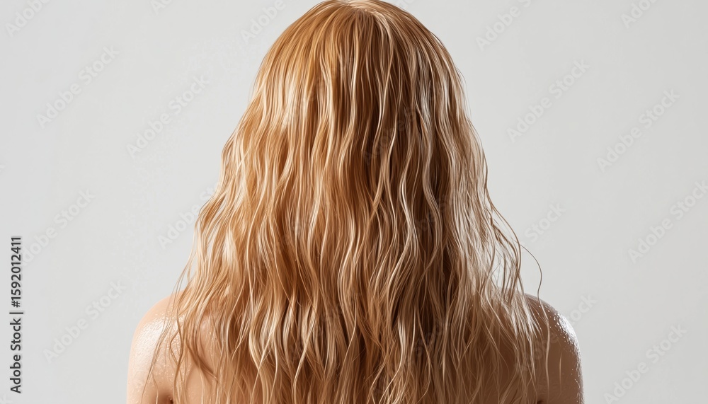 Naklejka premium Middle-Aged Woman'S Wet Blonde Hair From A Realistic Back View In Bathroom Setting: Haircare, Natural Look, Personal Hygiene, Daily Routine.