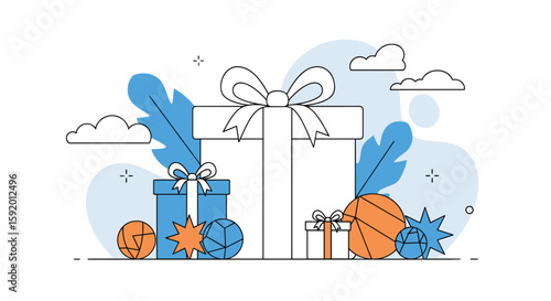 Elegant gift boxes with festive bows and abstract organic shapes create a joyful celebration scene