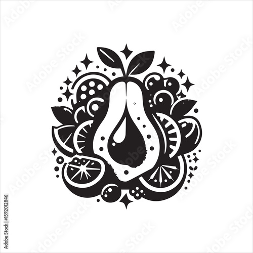 Stylized Pear with Citrus and Berries in Monochrome Design.