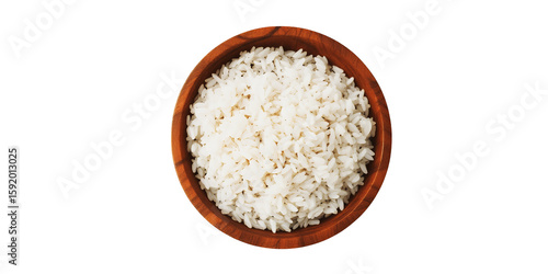 A top down view of a wooden bowl filled with a portion of cooked white rice on transparent background
