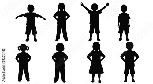 Collection of diverse children silhouettes posed standing confidently and happily