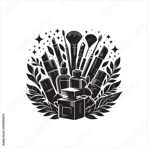 Elegant Black and White Makeup and Cosmetics Illustration.