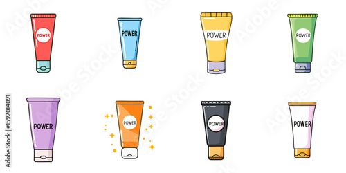 Multiple vector illustrations of tubes with printed "POWER" text

