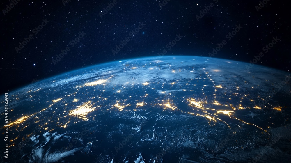 Obraz premium Observing Earth at Night with City Lights From Outer Space View