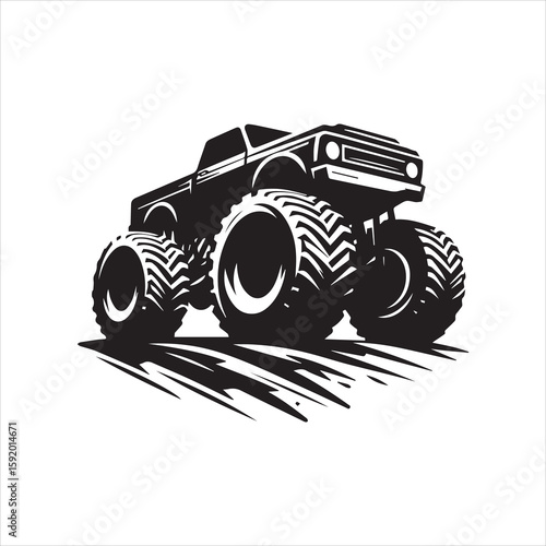 Bold Black Monster Truck Silhouette with Oversized Tires and Detailed Design.