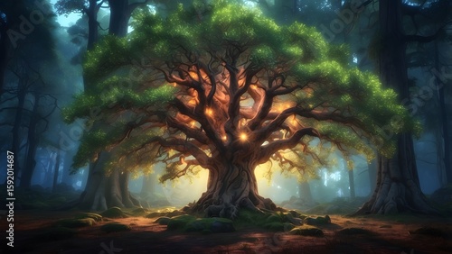 A glowing magical tree in the heart of an ancient forest, fantasy and mythology desktop wallpaper backdrop, cinematic HDR vibrant theme colors, promo movie sales poster banner book cover background