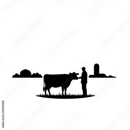 Farmer and Cow Silhouette Vector - Standing Side by Side