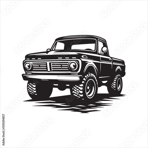 Detailed Black and White Illustration of a Classic OffRoad Pickup Truck.