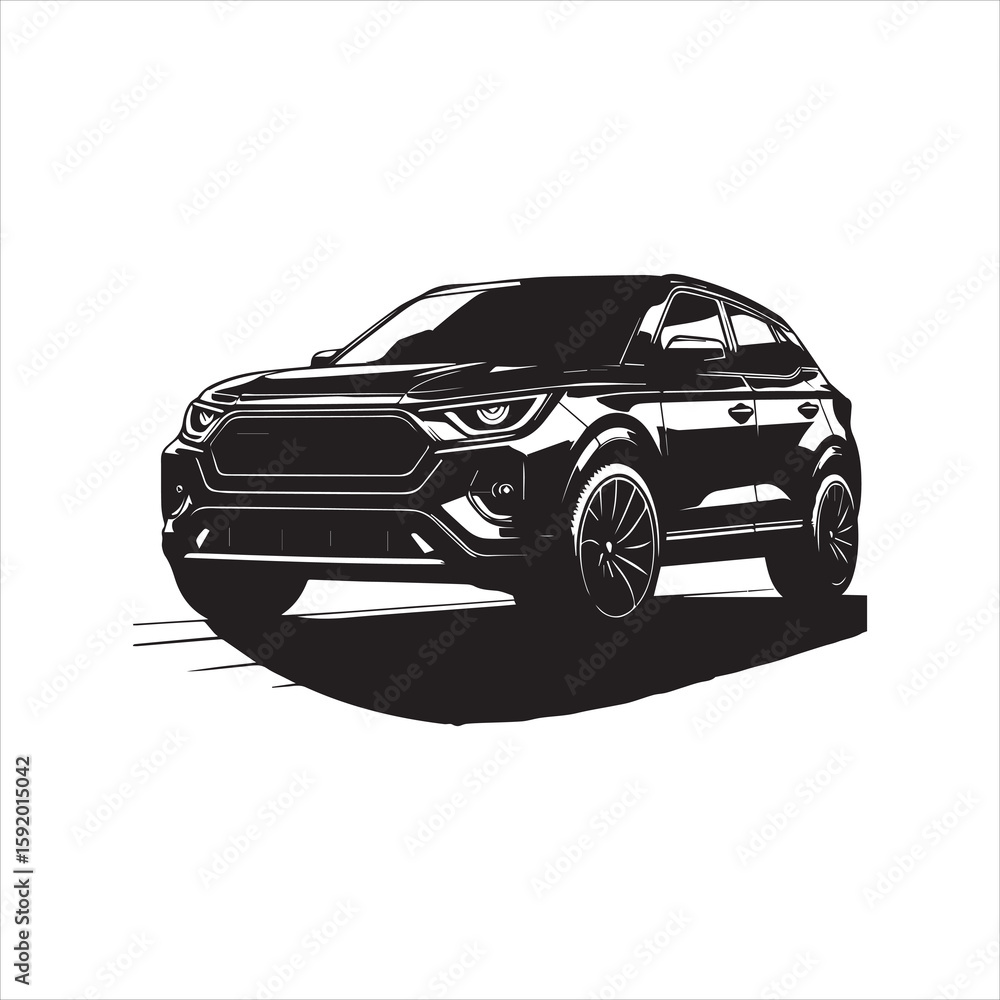 Fototapeta premium Sleek Black SUV Illustration with Detailed Grille and Tire Tread Design.