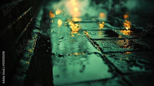 Rainy night street, wet cobblestones, city lights, background blur, moody atmosphere