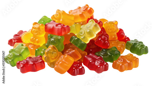 A pile of colorful gummy bears in various flavors and colors isolated PNG background