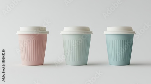 Wallpaper Mural Three pastel-colored disposable coffee cups with white lids, arranged in a row on a white background. Torontodigital.ca