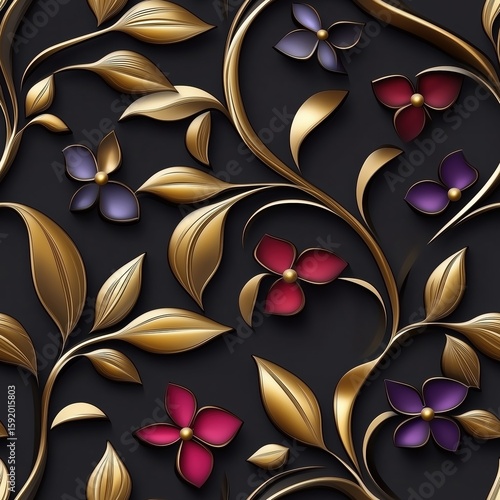 Seamless 3D floral pattern with metallic golden vines and leaves, accented by red and purple blossoms on a dark background, elegant and modern