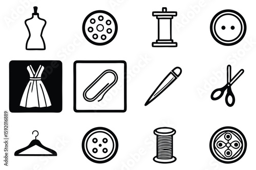 Black and White Sewing Icons Depicting Dressmaking and Tailoring Tools and Accessories Set Against a White Background