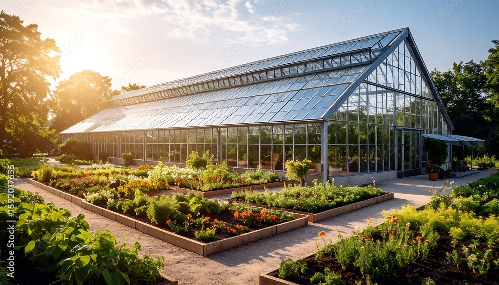 Fototapeta premium Large glass greenhouse with gardens