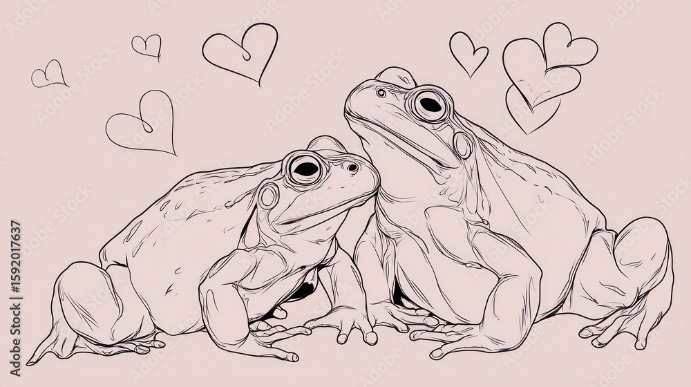 Obraz premium Two frogs in love, surrounded by hearts (1)