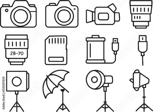 Photography equipment icons line art camera video camera