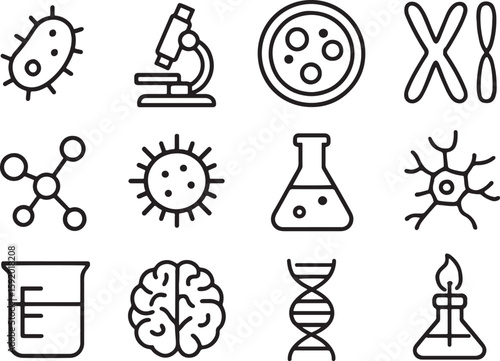 Science and biology icons set with microscope and dna
