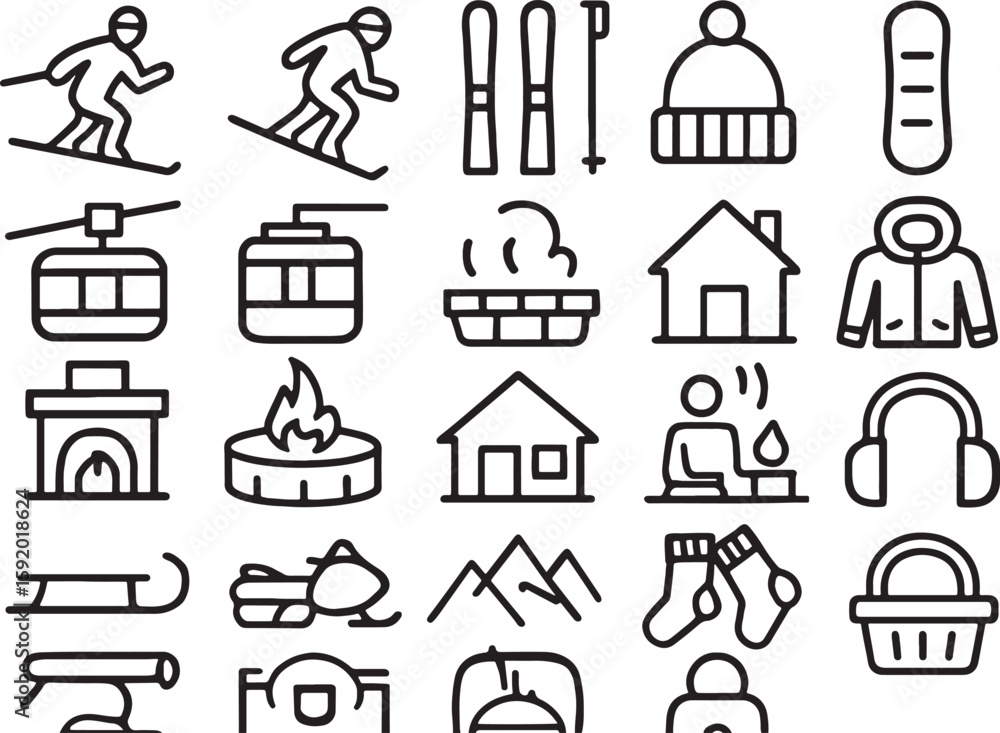 Obraz premium Winter sports and cozy cabin icons skiing snowboarding