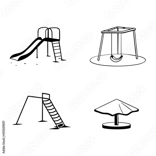 Set of 4 flat line art icons_ Slide, swing, seesaw, sandbox. Monochrome, rounded edges, 2pt stroke weight, isolated on transparent background. Playful yet modern