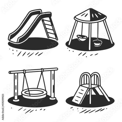 Set of 4 flat line art icons_ Slide, swing, seesaw, sandbox. Monochrome, rounded edges, 2pt stroke weight, isolated on transparent background. Playful yet modern