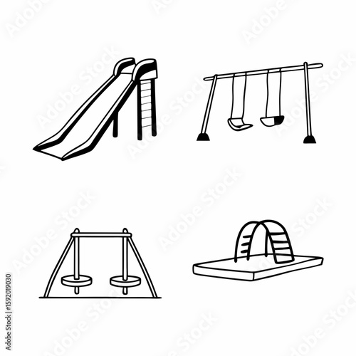 Set of 4 flat line art icons_ Slide, swing, seesaw, sandbox. Monochrome, rounded edges, 2pt stroke weight, isolated on transparent background. Playful yet modern