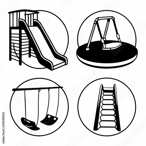 Set of 4 flat line art icons_ Slide, swing, seesaw, sandbox. Monochrome, rounded edges, 2pt stroke weight, isolated on transparent background. Playful yet modern