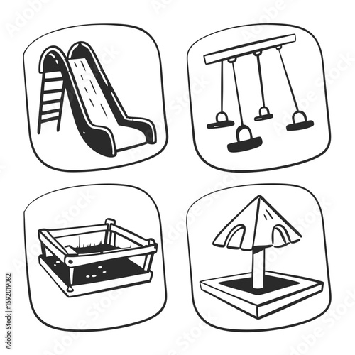 Set of 4 flat line art icons_ Slide, swing, seesaw, sandbox. Monochrome, rounded edges, 2pt stroke weight, isolated on transparent background. Playful yet modern