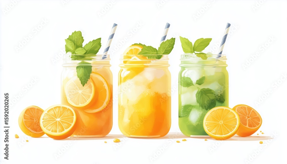 Fototapeta premium Refreshing Summer Beverages: Lemonade, Mojito, And Orange Lemonade Served In Mason Jars With Ingredients Displayed On A White Table From A Top View.