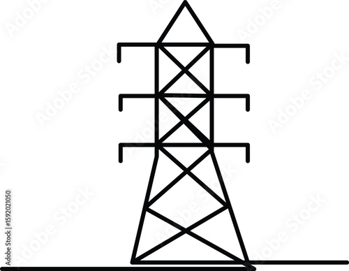 Simple black outline icon of a high voltage electricity pylon on a transpoarent background.