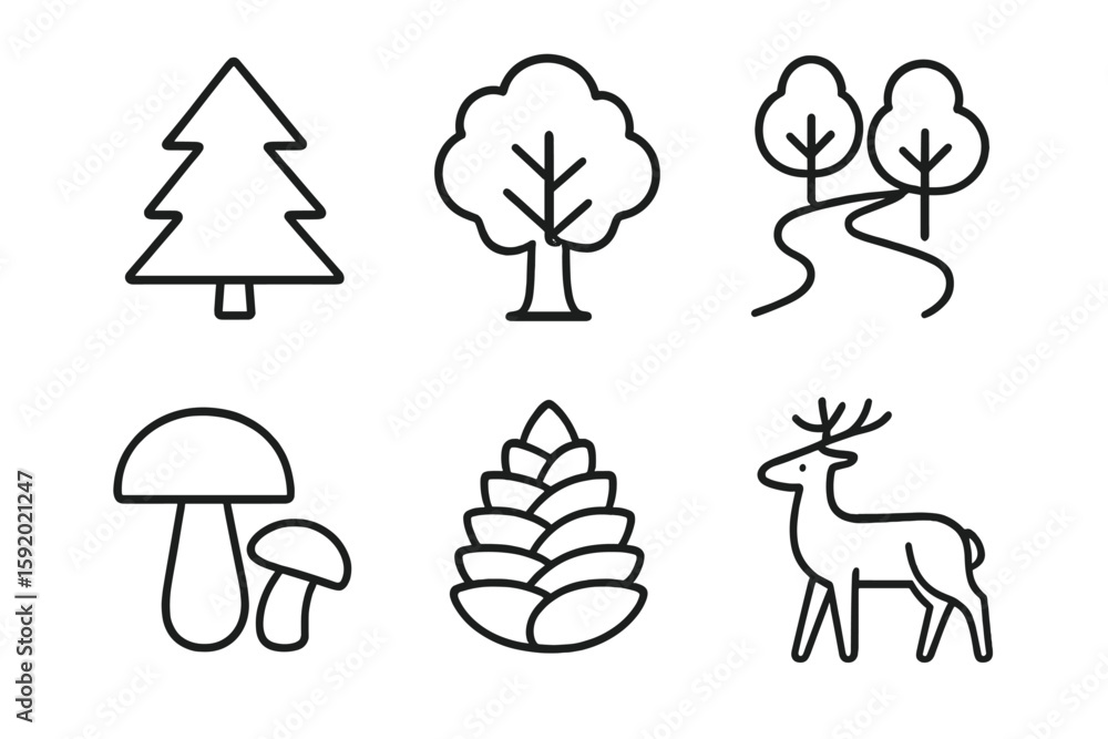 Obraz premium out stroke icon forest (nature): pine tree oak tree forest path mushrooms pine cone deer. out stroke icon