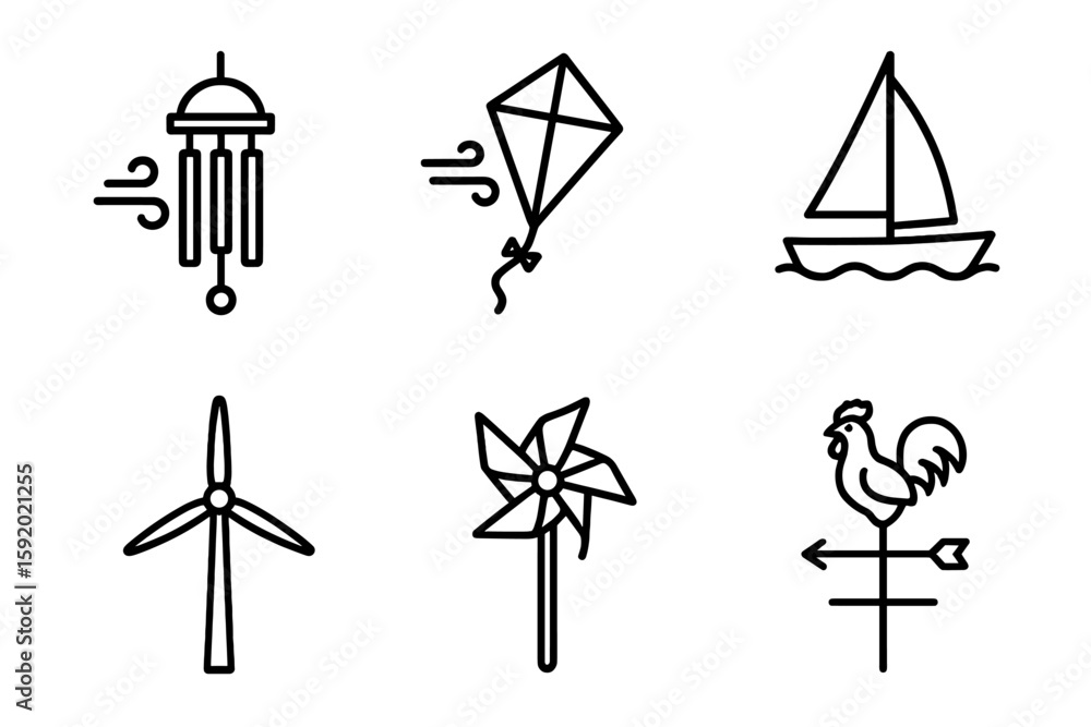 Naklejka premium out stroke icon wind (gentle breeze): wind chimes kite sailboat wind turbine pinwheel weather vane. out stroke icon