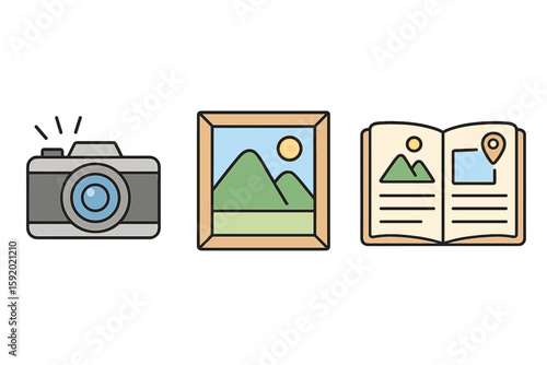 camera taking photo picture frame open travel diary perfect colo vector style isolated transparent