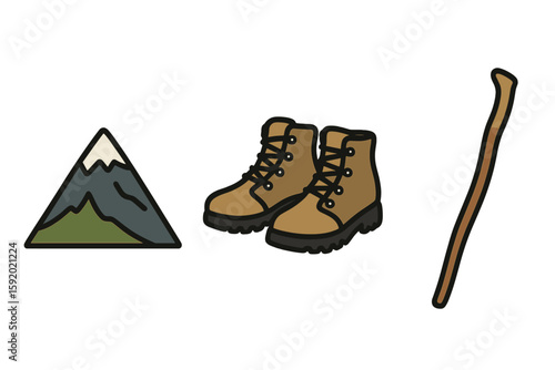 mountain peak hiking boots wooden stick perfect colo vector style isolated transparent