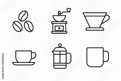 out stroke icon coffee (basics): coffee beans coffee grinder coffee filter espresso shot French press coffee mug. out stroke icon