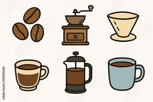 hand drawn cute doodle style isolated coffee beans coffee grinder coffee filter espresso shot French press coffee mug