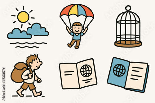 hand drawn cute doodle style isolated wide horizon open sky parachute jump empty cage barefoot wanderer open passport м