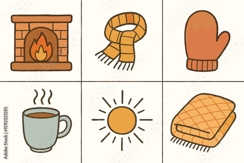hand drawn cute doodle style isolated warmth (comfort): hearth scarf mitten hot mug sunbeam blanket. м