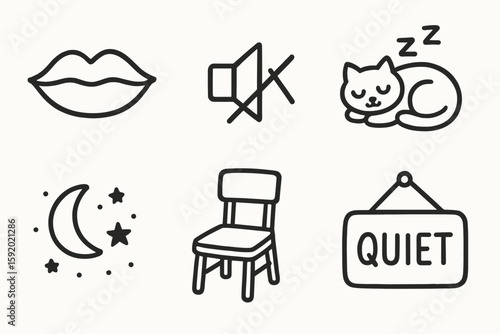 hand drawn cute doodle style isolated silence (serenity): closed lips mute icon sleeping cat night sky empty chair quiet sign. м