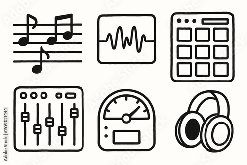 hand drawn cute doodle style isolated music scale diagram music waveform graph music sampler pad music miing console music tuner dial music headphone speaker hand drawn cute doodle style