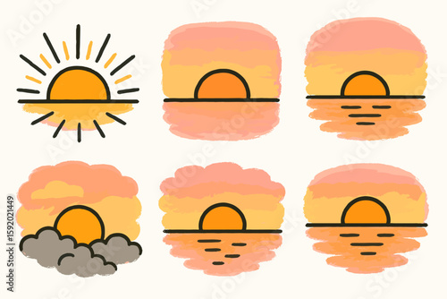 hand drawn cute doodle style isolated Sunset beam streaks Sunset pastel glow Sunset fading Sunset dusk clouds Sunset ember glow Sunset reflection pool hand drawn cute doodle style isolated