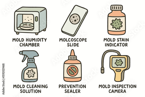 hand drawn cute doodle style isolated mold humidity chamber mold microscope slide mold stain indicator mold cleaning solution mold prevention sealer mold inspection camera