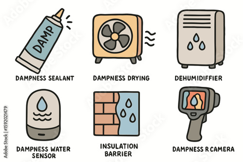 hand drawn cute doodle style isolated dampness sealant tube dampness drying fan dampness dehumidifier unit dampness water sensor dampness insulation barrier dampness IR camera hand drawn