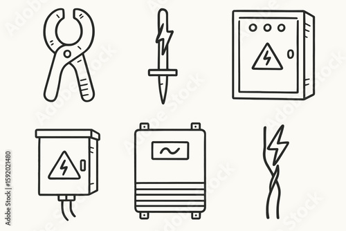 hand drawn cute doodle style isolated electricity current clamp electricity grounding rod electricity switchgear panel electricity distribution bo electricity inverter module electricity